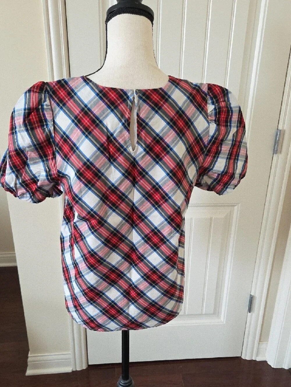 J. Crew Red, Blue and White Plaid Puff-Sleeve Blouse